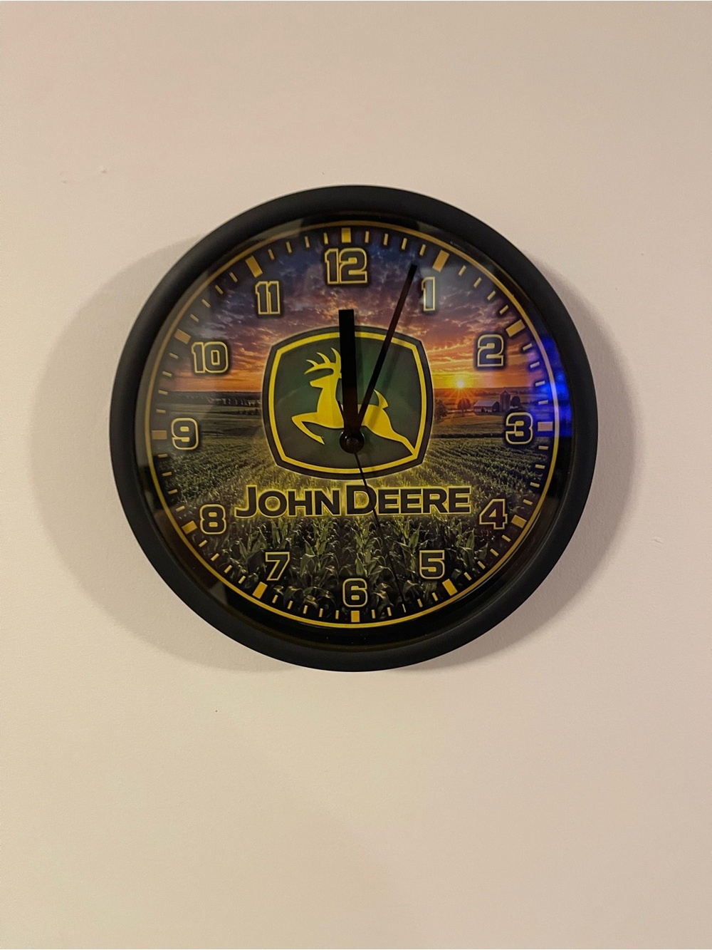 John Deere Yellow and Green Logo Wall Clock with Black Frame